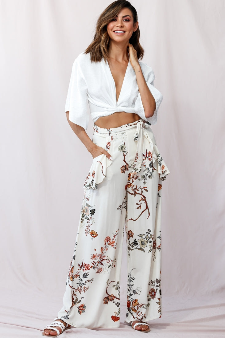 Amanda Wide-Leg Frill Detail Pants Floral Print Beige