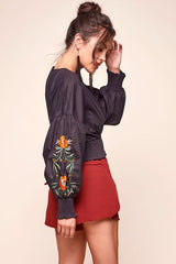 Halle Floral Puff Sleeved Cropped Top Black
