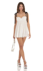 Mesh Velvet Shoulder Ties Babydoll Dress in White