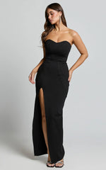 Oriella Maxi Dress - Panelled Thigh Split Strapless Dress in Black
