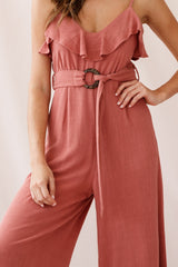 Mason Ruffle Neckline Wooden Buckle Belt Jumpsuit Rose