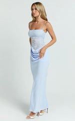 Rania Maxi Dress Contrast Lace Bodice Bias Cowl Drop Waist Dress in Soft Blue