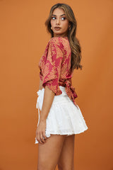 Rivera Deep-V Waist-Tie Top Leaf Print Wine
