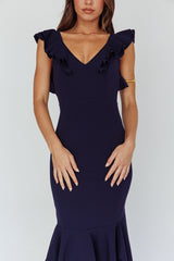 Pearl Ruffle Strap High-Low Hem Dress Navy
