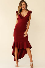 Pearl Ruffle Strap High-Low Hem Dress Plum