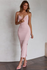 Frieda Cowl Neck Side Split Ribbed Midi Dress Blush