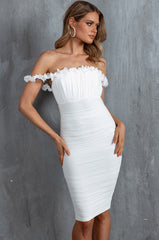 Senorita Off-Shoulder Lettuce Edge Ruched Knee Length Dress White