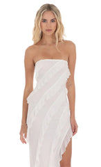 Mesh Ruffle Strapless Maxi Dress in White