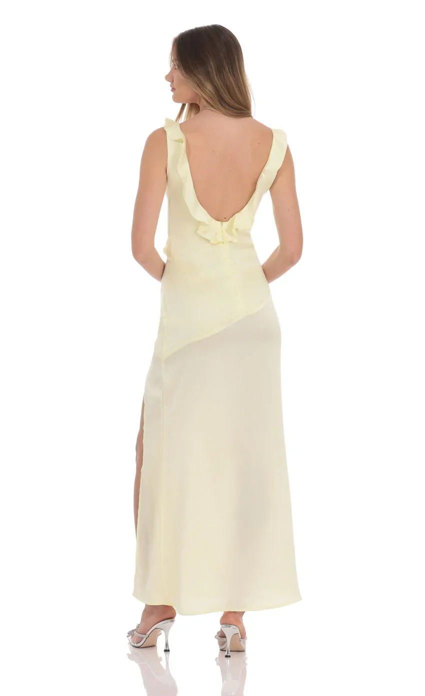 Satin V-Neck Open Back Maxi Dress in Pastel Yellow