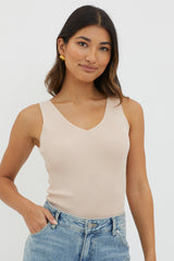Off-Duty V-Neck Ribbed Knit Top Beige