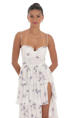 Floral Mesh Ruffle Maxi Dress in White