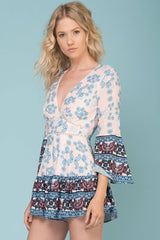 Zahra Bell Sleeve Romper Beige / Navy