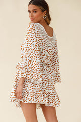 Turn Back Time Long Sleeve Crochet Neckline Dress Animal Print White/Brown