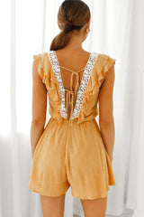 Meet Again Crochet Lace Trim Tie-Up Back Romper Mustard