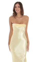 Strapless Satin Open Back Maxi Dress in Yellow