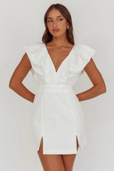 Liardon Bubble Sleeve V-Neckline Mini Dress White