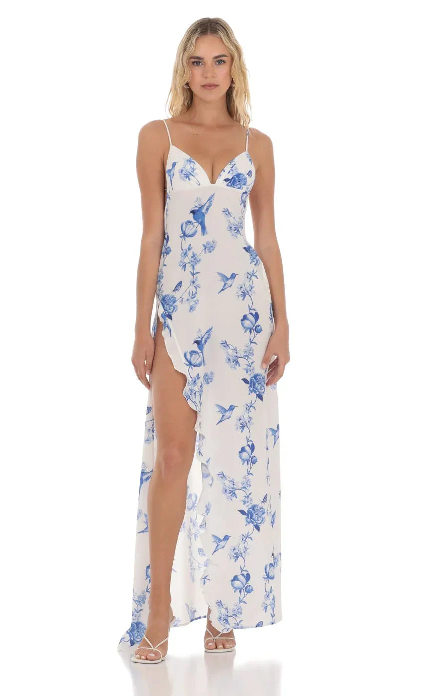 Floral Ruffle Slit Maxi Dress in White