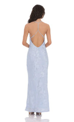 Floral Jacqaurd Cowl Neck Maxi Dress in Light Blue