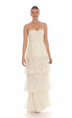 Floral Smocked Ruffle Maxi Dress in Cream
