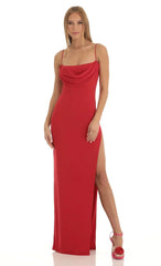 High Slit Cowl Neck Maxi Dress in Red