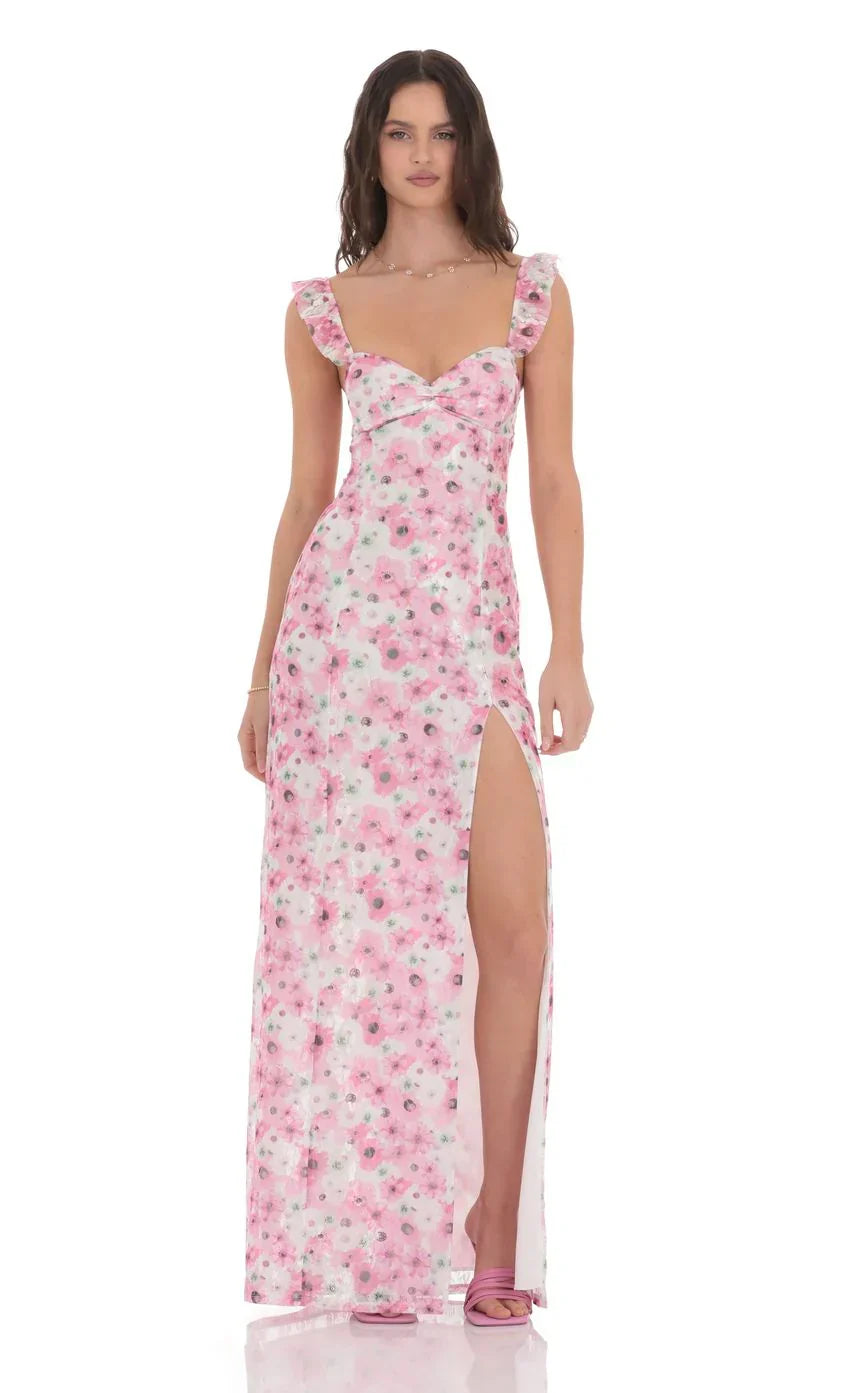 Lace Floral Ruffle Sleeve Maxi Dress in White