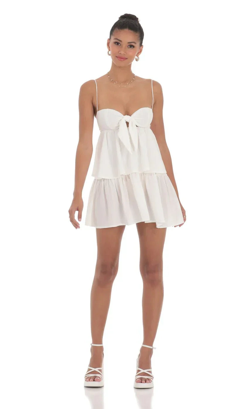 Ruffle Front Tie Dress in White
