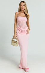 Rania Maxi Dress Contrast Lace Bodice Bias Cowl Drop Waist Dress in Pink
