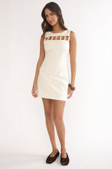 Your Knowing Cut-Out Bead Neckline Mini Dress Cream