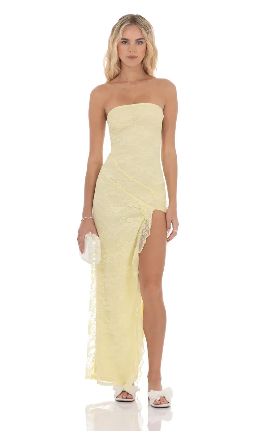 Lace Ruffle Slit Maxi Dress in Yellow