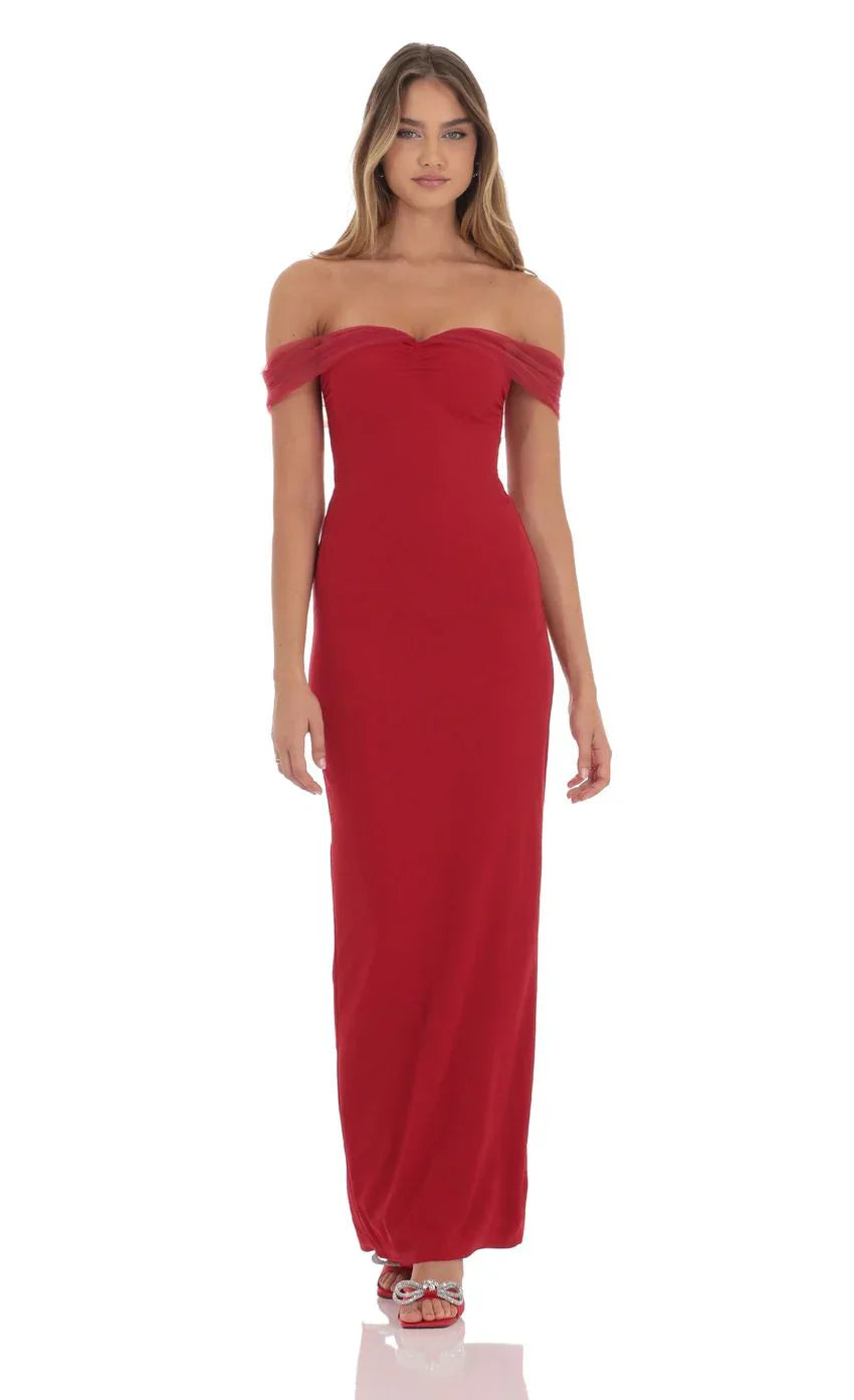 Tulle Off Shoulder Sleeve Maxi Dress in Red