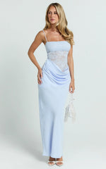 Rania Maxi Dress Contrast Lace Bodice Bias Cowl Drop Waist Dress in Soft Blue