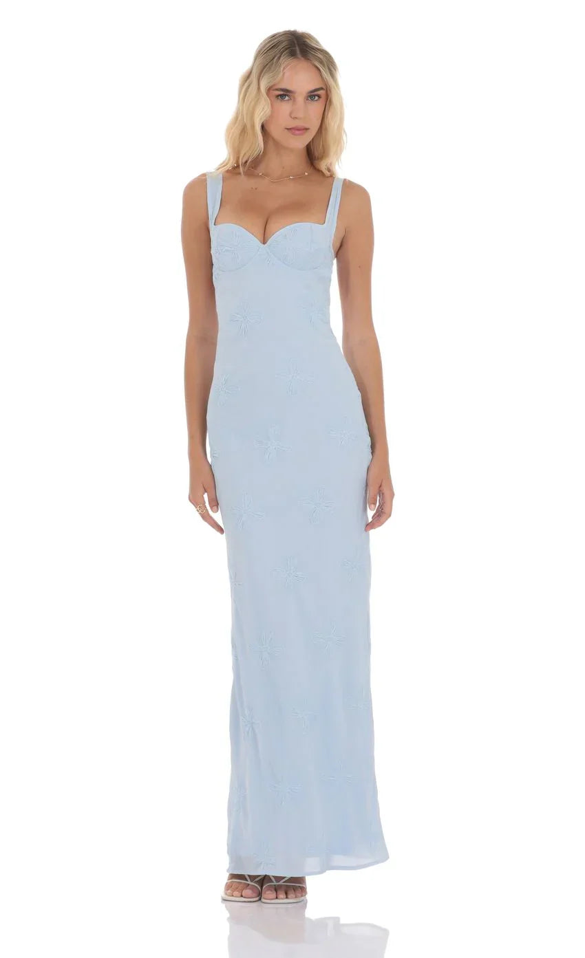 Floral Open Back Mermaid Maxi Dress in Light Blue