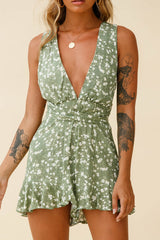 Playa Vista Halterneck Frill Hem Romper Floral Print Olive