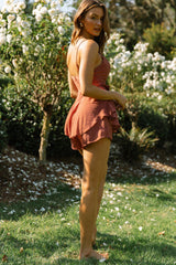 Love Language Boned Bodice Frill Waist Romper Rose