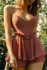 Love Language Boned Bodice Frill Waist Romper Rose