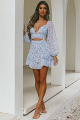 Dearly Beloved Balloon Sleeve Layered Frill Hem Dress Flower Print Blue