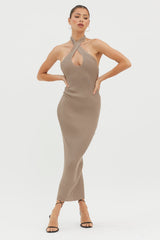 Lovelock Halterneck Ribbed Knit Midi Dress Latte
