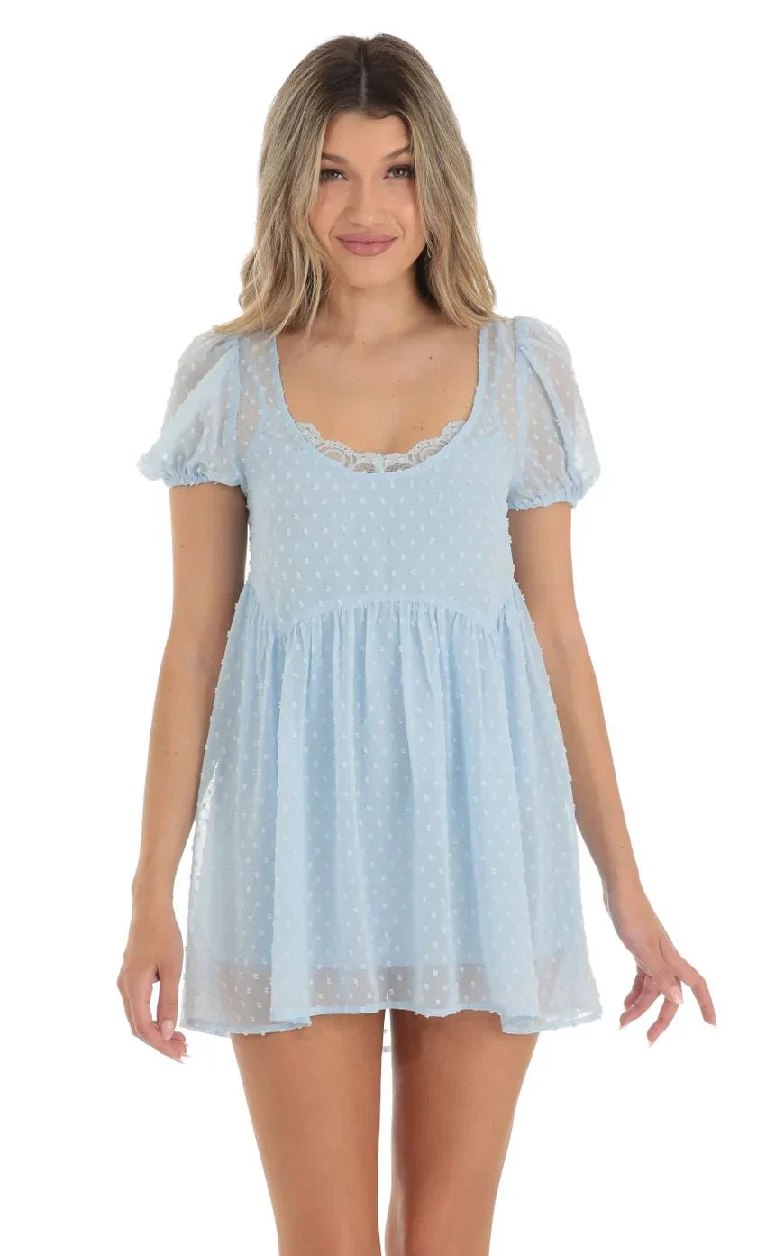 Dotted Lace Two Piece Dress Set in Blue