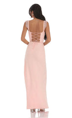 Suede Draped Lace Maxi Dress in Pink