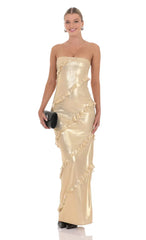 Metallic Ruffle Strapless Maxi Dress in Gold