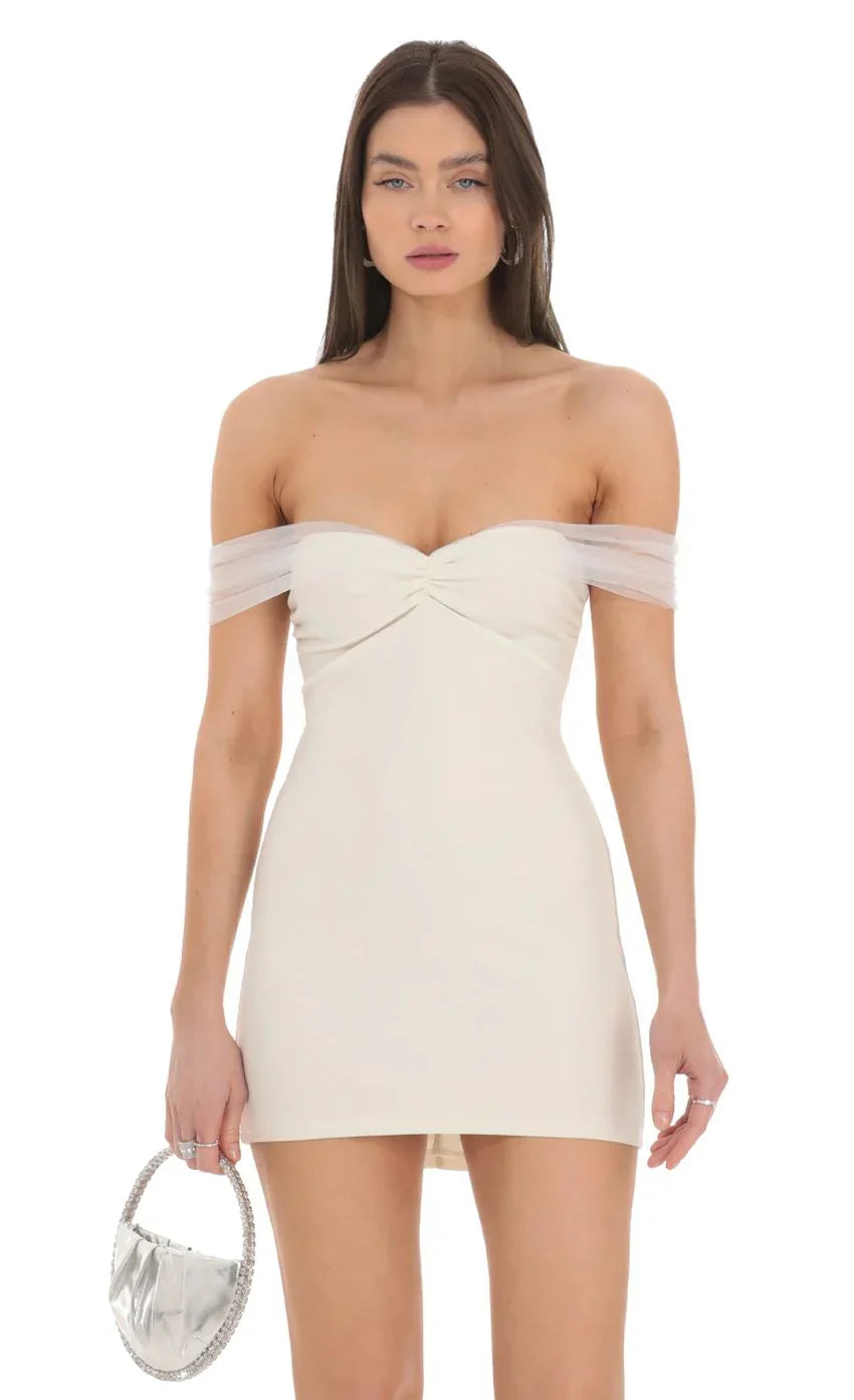 Off Shoulder Tulle Bodycon Dress in White