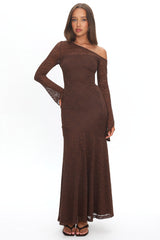Lylah Asymmetric Neckline Long Sleeve Maxi Dress Lace Chocolate
