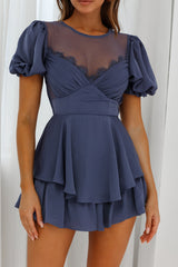 L'amour Lace Mesh Bust Puff Sleeve Romper Midnight Blue