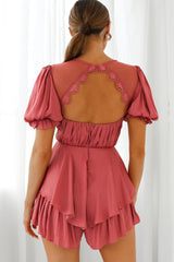 L'amour Lace Mesh Bust Puff Sleeve Romper Rose