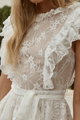 Spring Fling Frill Trim Waist Tie Lace Romper White