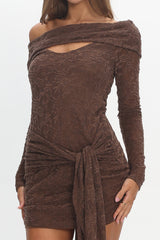Good Girl Off-Shoulder Long Sleeve Mini Dress Chocolate