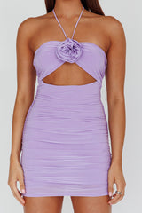 Ca Va Ruched Rose Accent Mini Dress Lavender