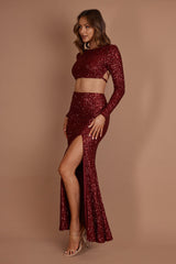 Nights In Monaco Split Sequin Maxi Skirt Burgundy