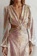 Inna Long Sleeve Cut-Out Maxi Dress Sequin Rose Gold