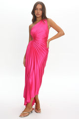 Brooklynn One-Shoulder Accordion Pleat Satin Midi Dress Fuchsia